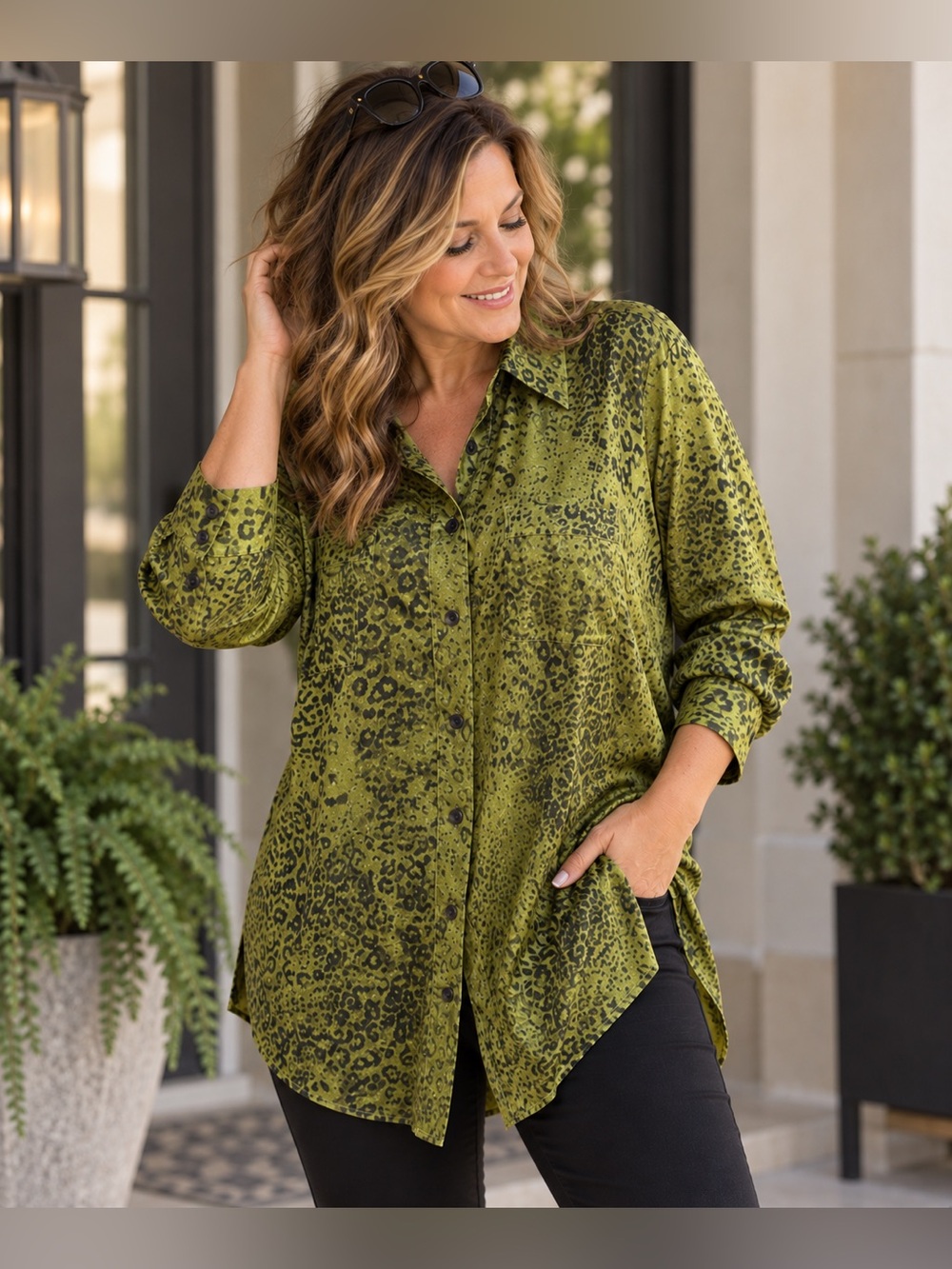 Foxcroft Olive Green Leopard Print Blouse